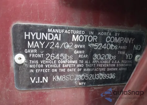 2002 Hyundai Santa Fe из США, поврежденный, VIN BRITTANYRICHARDS